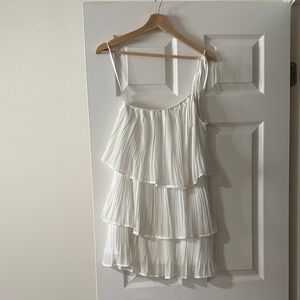 Lulu's White One-Shoulder Tiered Pleated Mini Dress